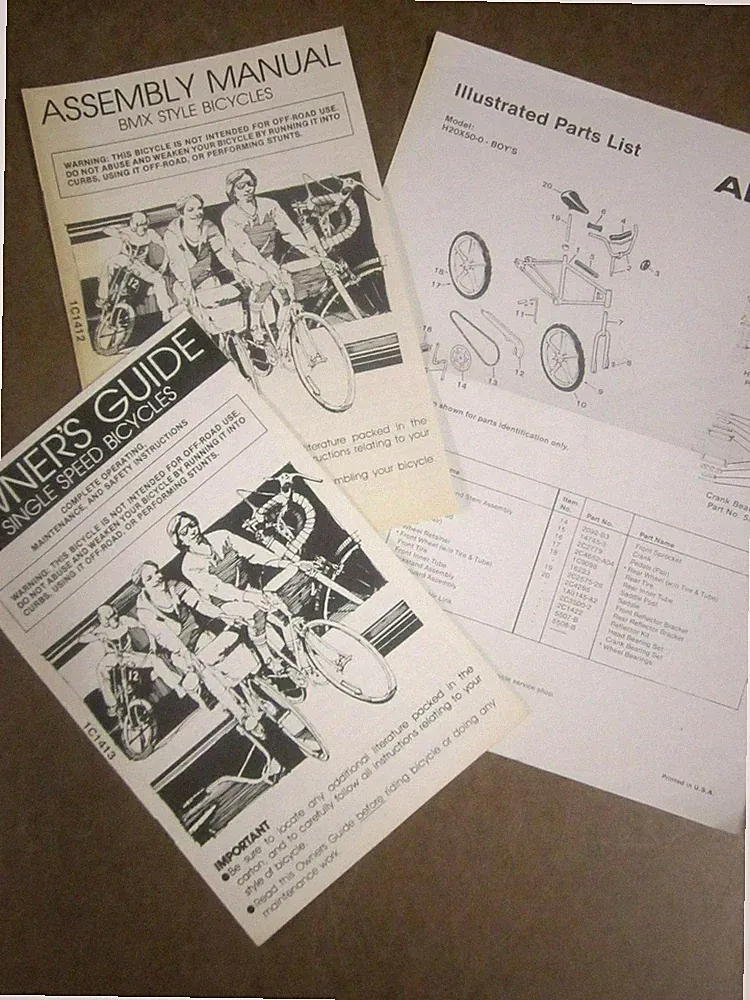 3 Bicycle Publications Assembly Manual Owner's Guide Parts List All Pro BMX