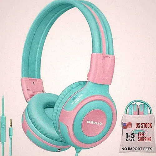 Kids Headphone with Mic, 75dB,85dB,94dB Volume Limit Share Port, Mint & Pink