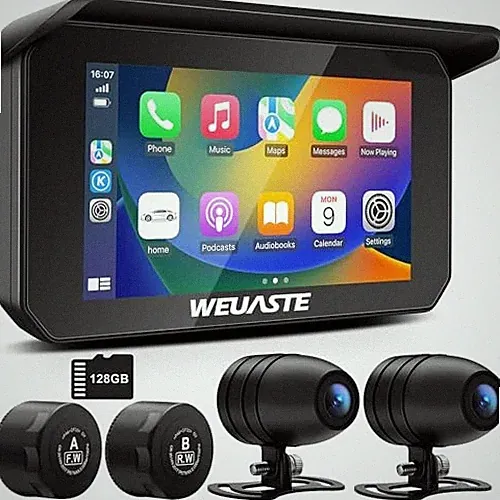 Motorcycle Carplay (Includes 128G SD Card) with Dual Cameras,TPMS, Wireless